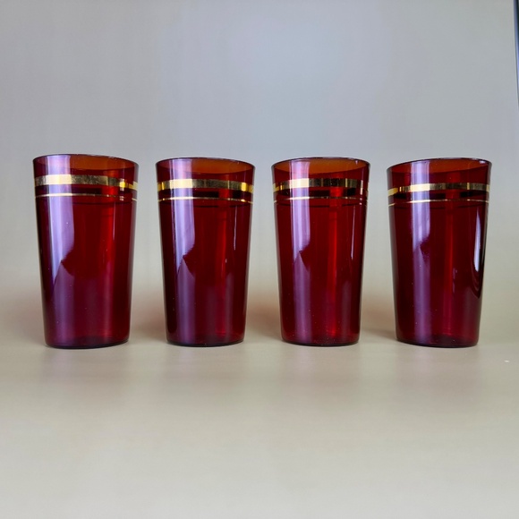 Vintage Ruby Red Glass Tumblers with Gold Design – Set of 4 - Picture 16 of 16